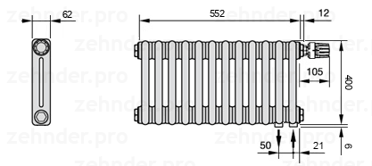 Схема (чертеж) Радиатор Zehnder Charleston 2040/12 №V002 Белый глянцевый RAL 9016
